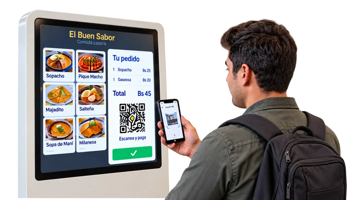 Un comensal escanea con su teléfono el código QR de un tótem de autoservicio para pagar su pedido